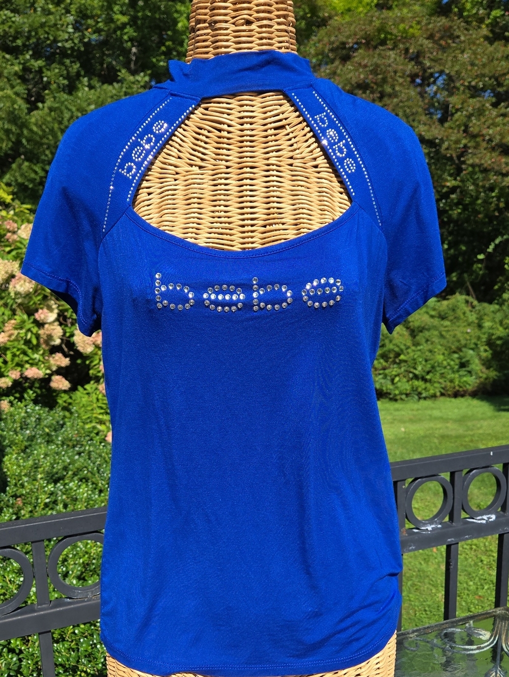bebe Rayon Royal Blue Short Sleeve Top with Rhinestone Logo and Cutout